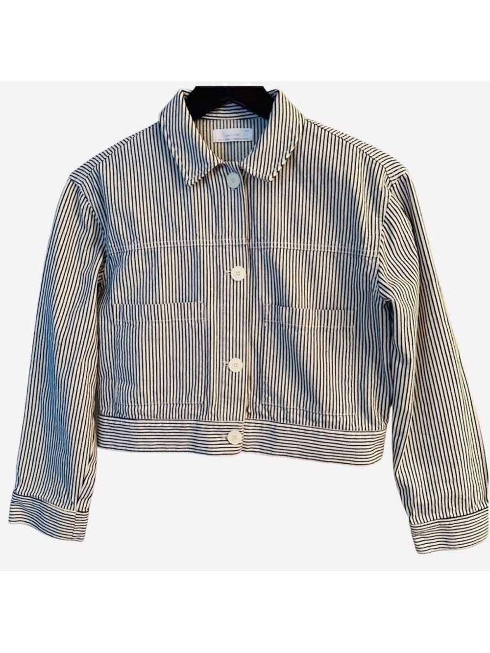 OAK & FORT Cropped Boxy Fit Black & White Striped Button Front Jacket Sz XS